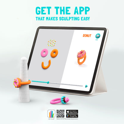 Hey Clay app met stapsgewijze donut-instructie voor Bijou Rings Snoepjes – ringkegel en kleiringen