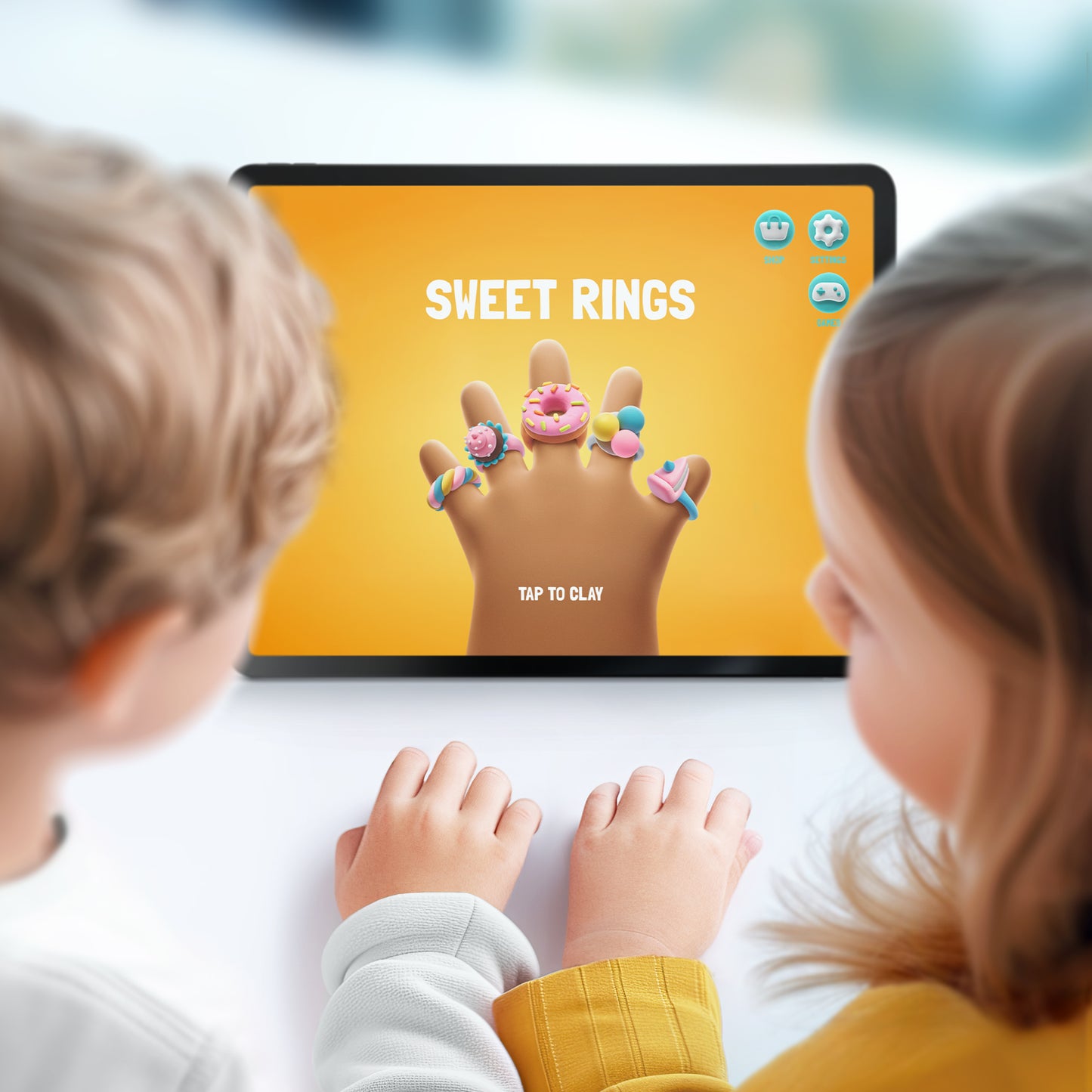 Twee kinderen gebruiken de Hey Clay app voor Bijou Rings Snoepjes op een tablet – speelgoed en tech