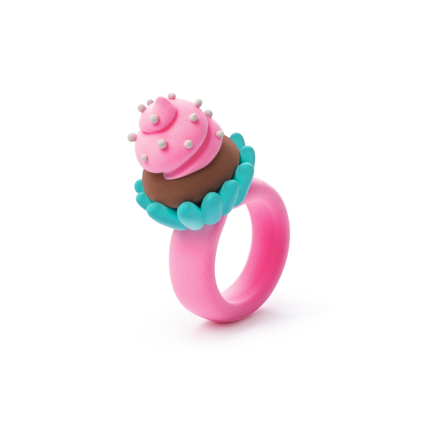 Hey Clay Bijou Rings Snoepjes cupcakering in roze met turquoise rand en witte parels van klei