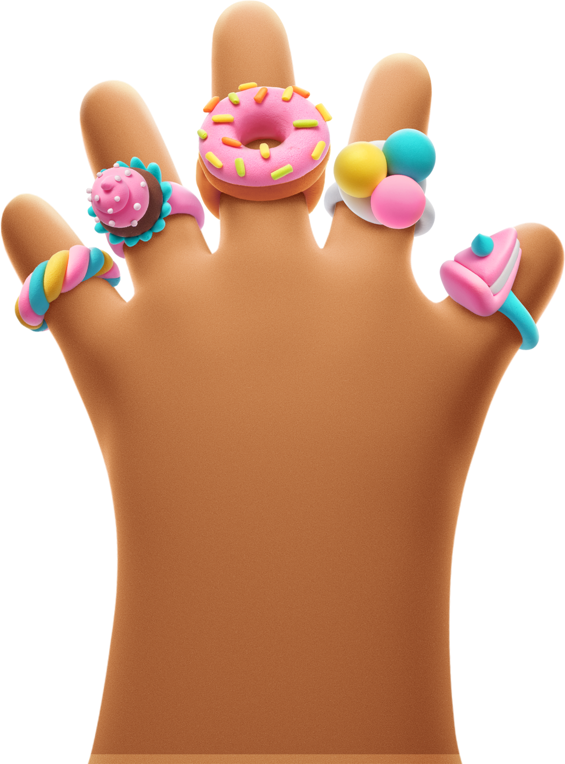 Hey Clay Bijou Rings Snoepjes – 3D-hand met vijf kleurrijke ringen in donut-, cupcake- en ijsjesvorm
