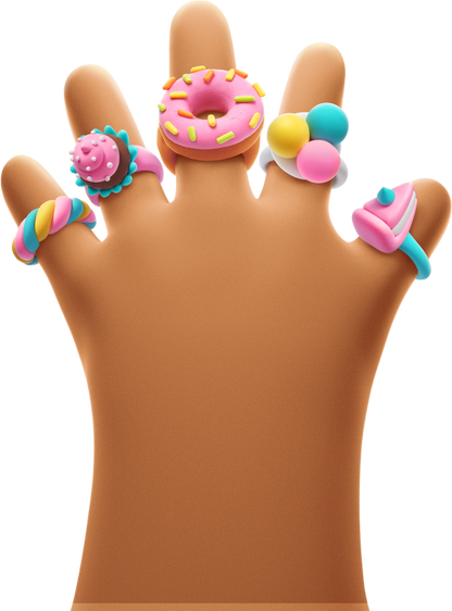 Hey Clay Bijou Rings Snoepjes – 3D-hand met vijf kleurrijke ringen in donut-, cupcake- en ijsjesvorm