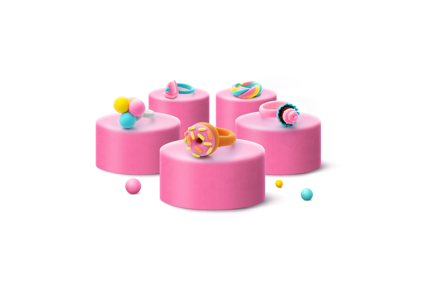 Vijf Hey Clay Bijou Rings Snoepjes op roze sokkels – donut, cupcake, marshmallow en taartpuntring
