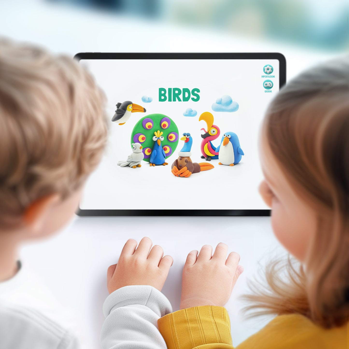 Hey Clay Birds app interface op tablet, kinderen bekijken klei ideeën voor vogels samen digitaal