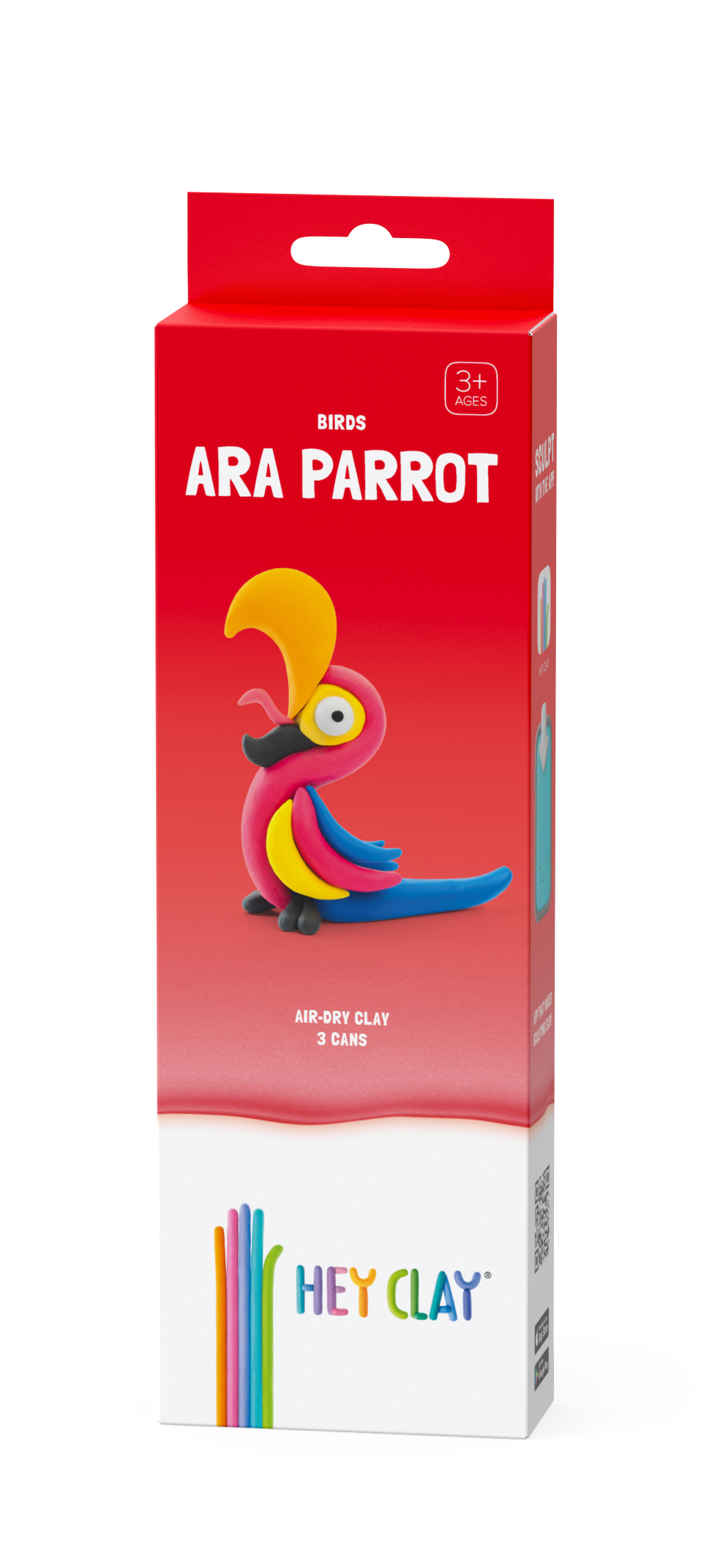 Hey Clay Birds Ara Parrot voorkant verpakking rood met 3 potjes air-dry clay speelgoed vanaf 3 jaar