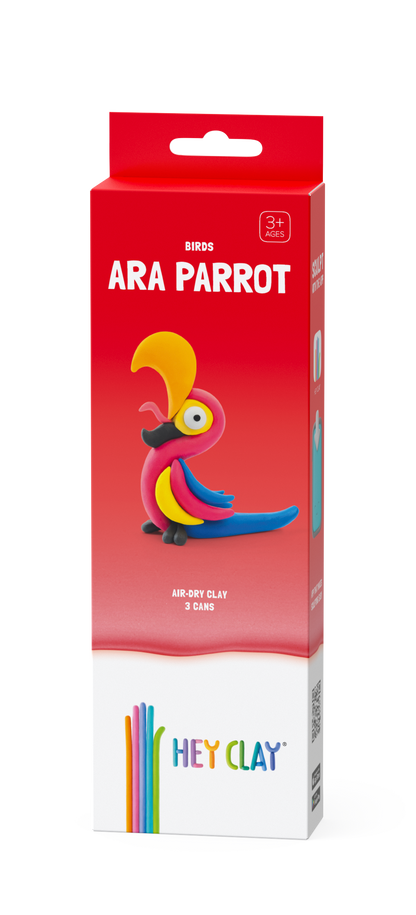 Hey Clay Birds Ara Parrot voorkant verpakking rood met 3 potjes air-dry clay speelgoed vanaf 3 jaar