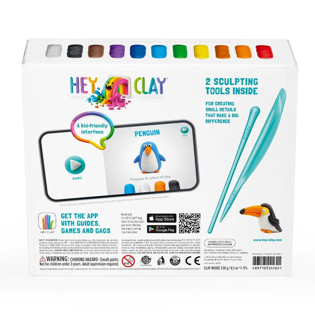 Achterkant doos Hey Clay birds boetseerklei met pinguïn tutorial, kleurrijke klei ideeën, app en sculpting tools inbegrepen.