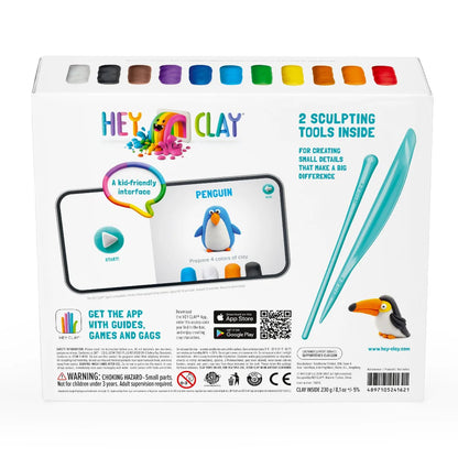 Achterkant doos Hey Clay birds boetseerklei met pinguïn tutorial, kleurrijke klei ideeën, app en sculpting tools inbegrepen.