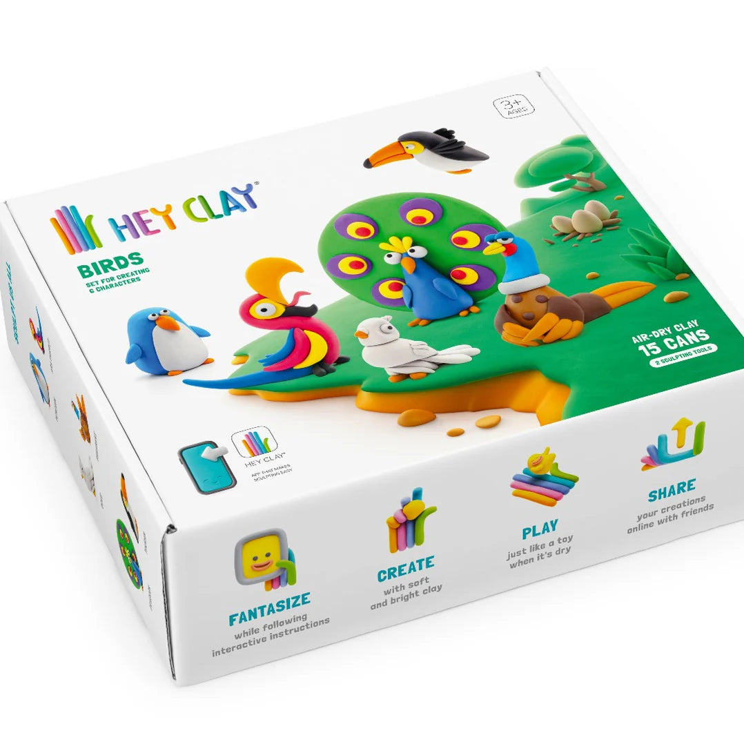 Hey Clay birds boetseerklei set met 15 potjes in liggende doos, kleurrijke klei ideeën voor kinderen vanaf 3 jaar.