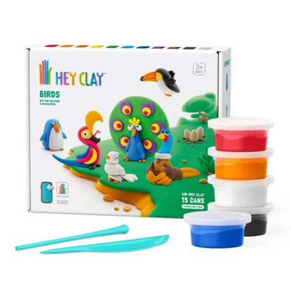 Hey Clay birds voorkant doos met 15 kleuren boetseerklei, ideaal om leuke vogels te kleien voor kinderen.