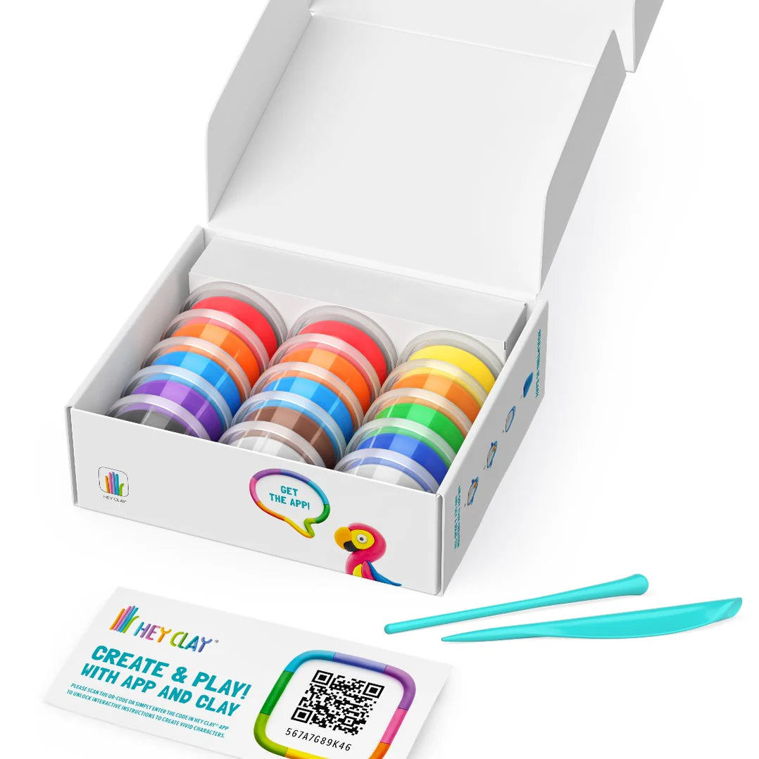 Hey Clay Birds open doos met 15 potjes boetseerklei in regenboogkleuren en blauwe kleigereedschap