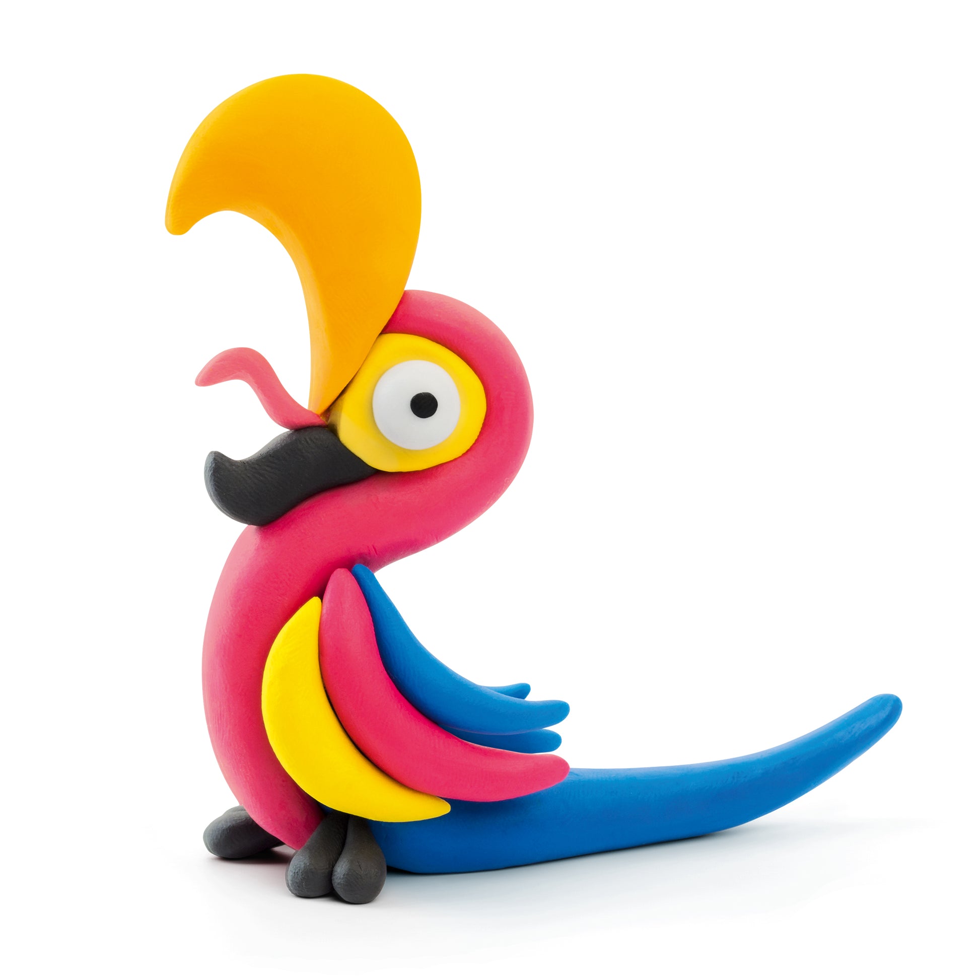 Hey Clay Birds kleurrijke papegaai gemaakt van boetseerklei met geel, roze en blauw detailwerk