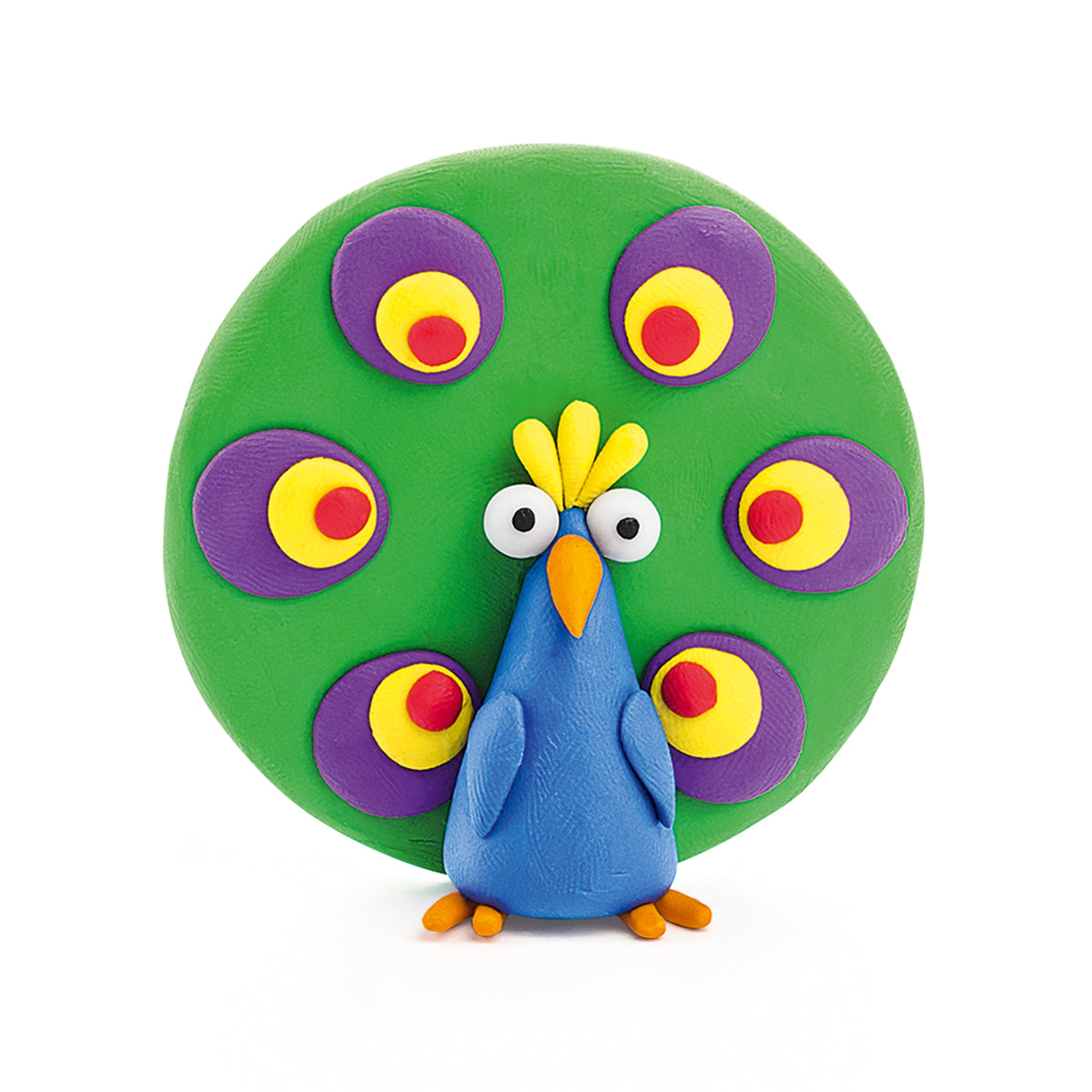 Hey Clay Birds pauw voorkant met kleurrijke staartveren en groen-blauw lijf van boetseerklei