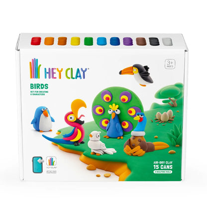Hey Clay Birds voorkant verpakking met logo, 15 potjes boetseerklei en kleurrijke vogels illustratie