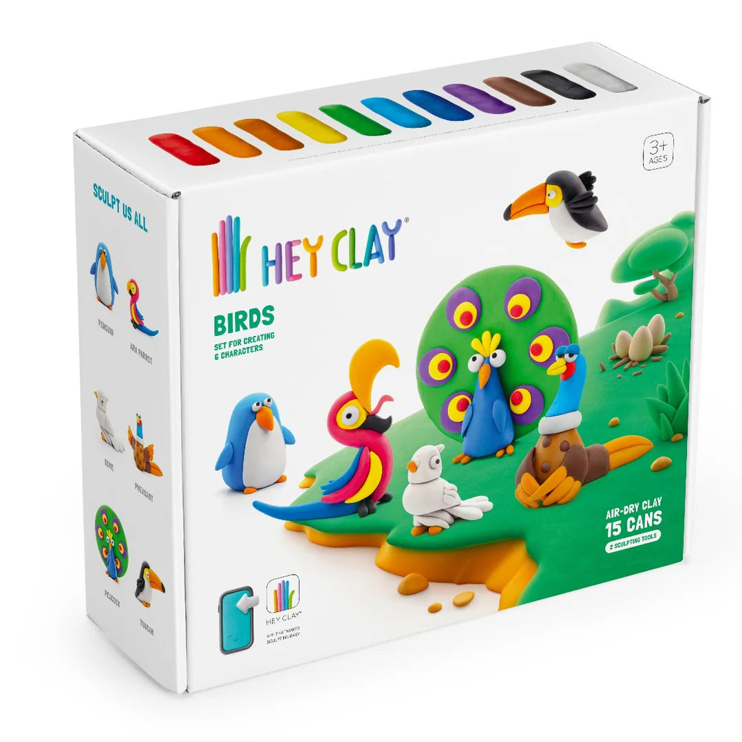 Hey Clay Birds voorkant verpakking met 6 vogels karakters en 15 potjes boetseerklei