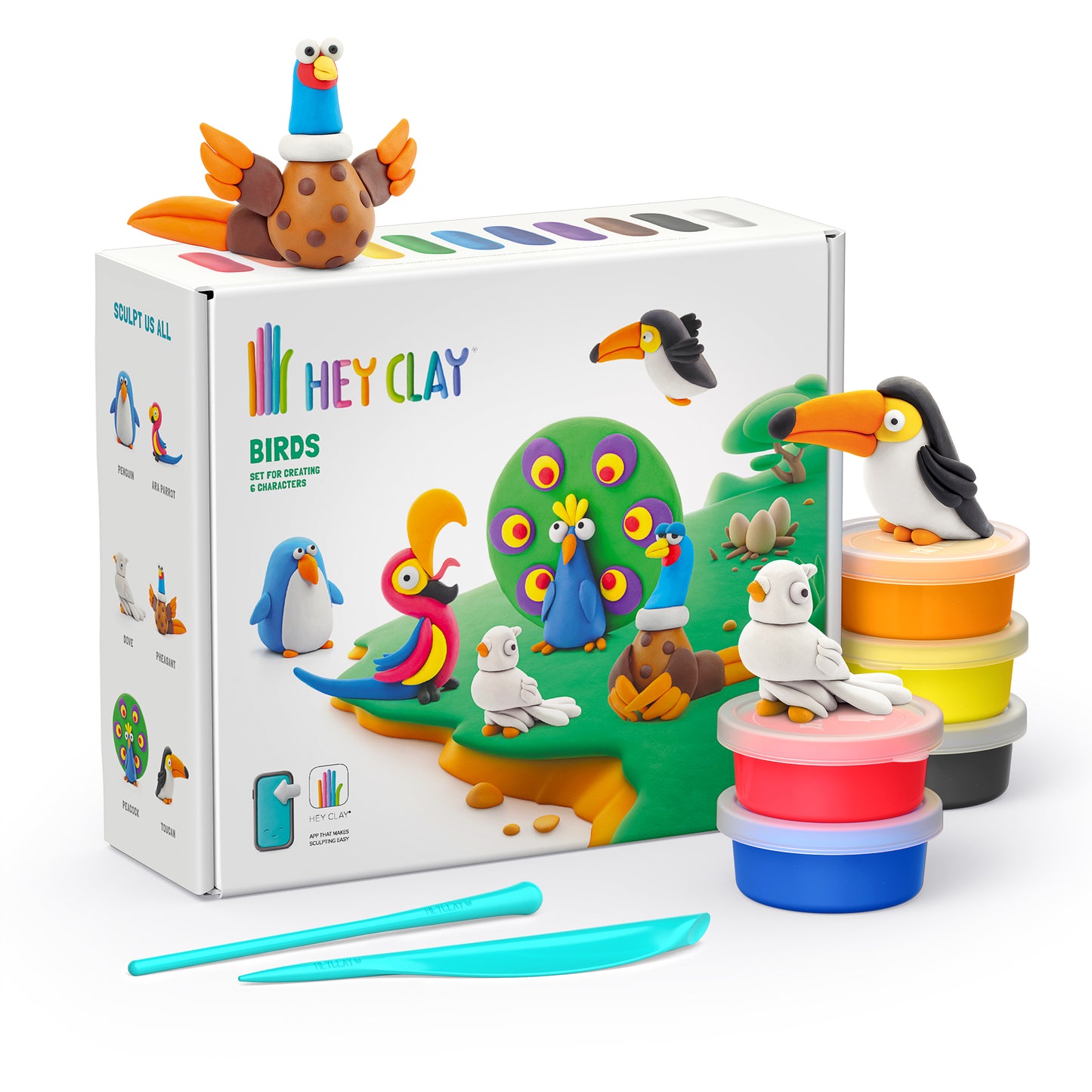 Hey Clay Birds voorkant verpakking met 15 potjes boetseerklei, kleurrijke vogels en klei gereedschap
