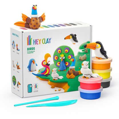 Hey Clay Birds voorkant verpakking met 15 potjes boetseerklei, kleurrijke vogels en klei gereedschap