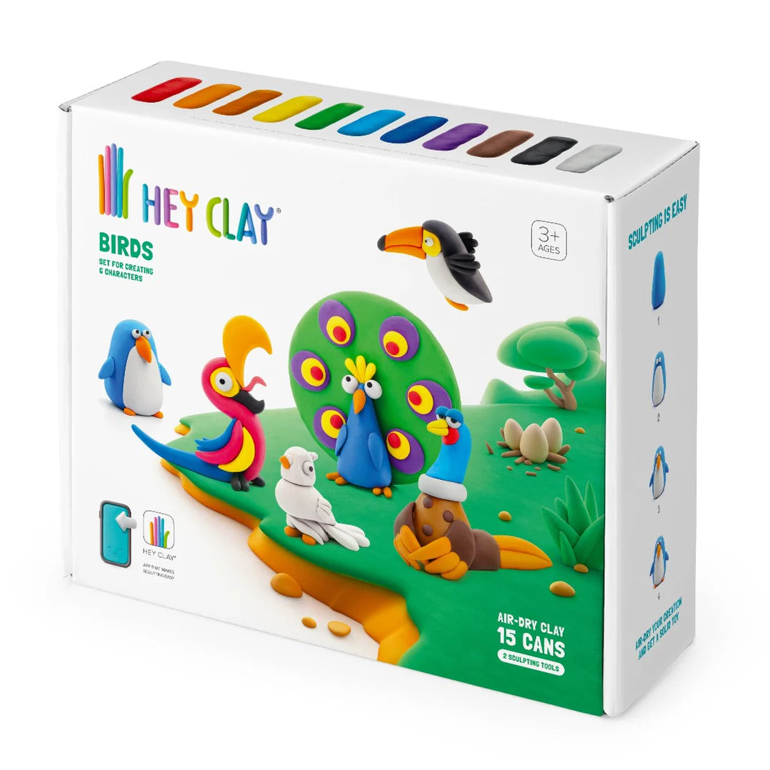 Hey Clay Birds zijkant verpakking met kleurenpalet, logo en illustraties van kleurrijke boetseerklei vogels