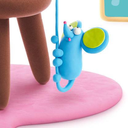 Hey Clay blauwe muis detail hangt aan tafelpoot, creatief klei ideeën huisdieren speelgoed figuur