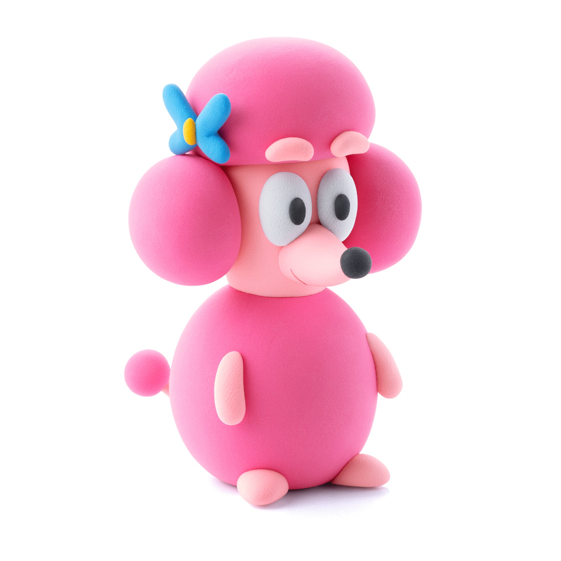 Hey Clay Bluey & Friends geboetseerde Bingo roze poedel met blauwe strik, detailfoto boetseerklei