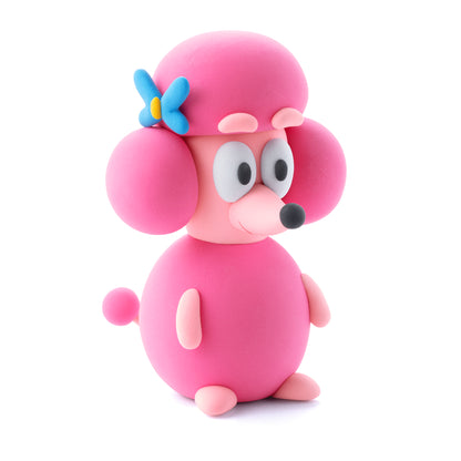 Hey Clay Bluey & Friends geboetseerde Bingo roze poedel met blauwe strik, detailfoto boetseerklei