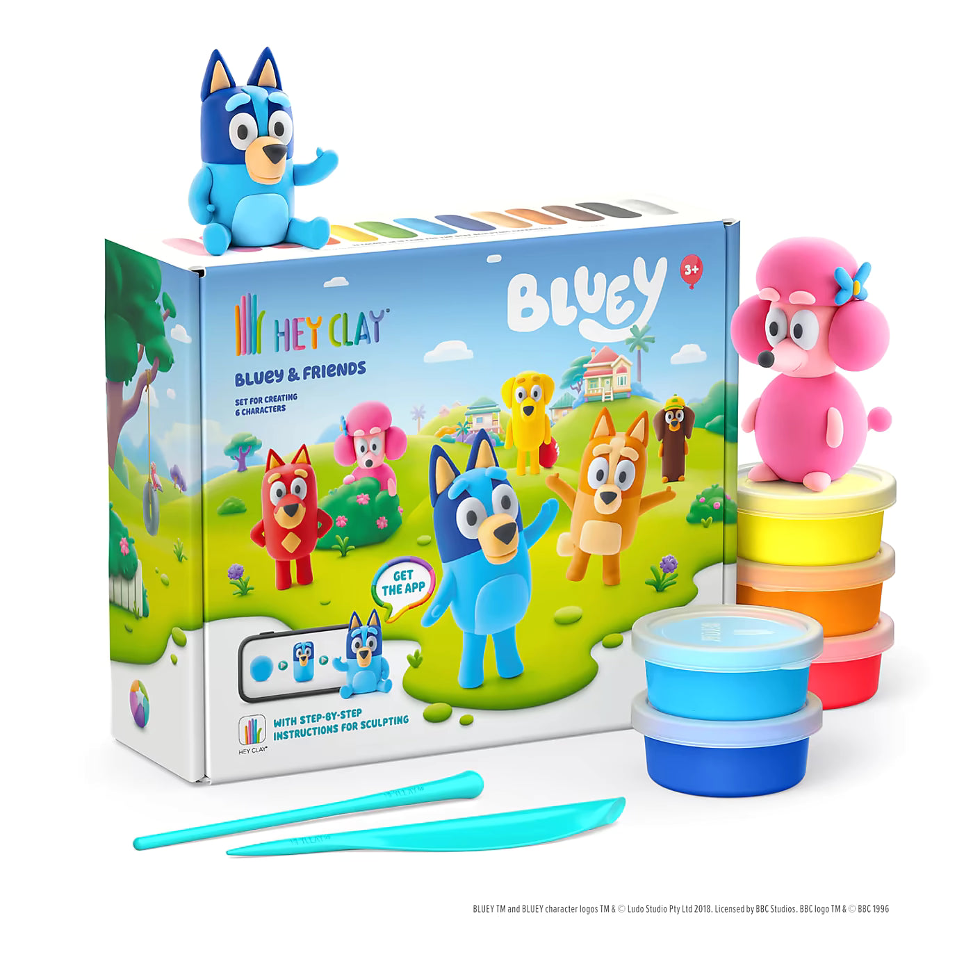 Hey Clay Bluey & Friends boetseerklei set met 15 potjes, twee sculpting tools en figuren Bluey en Coco.