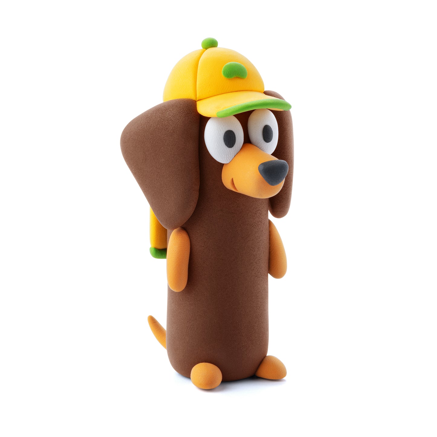 Hey Clay Bluey & Friends detailfoto geboetseerde Chilli met gele hoed, bruin boetseerklei karakter