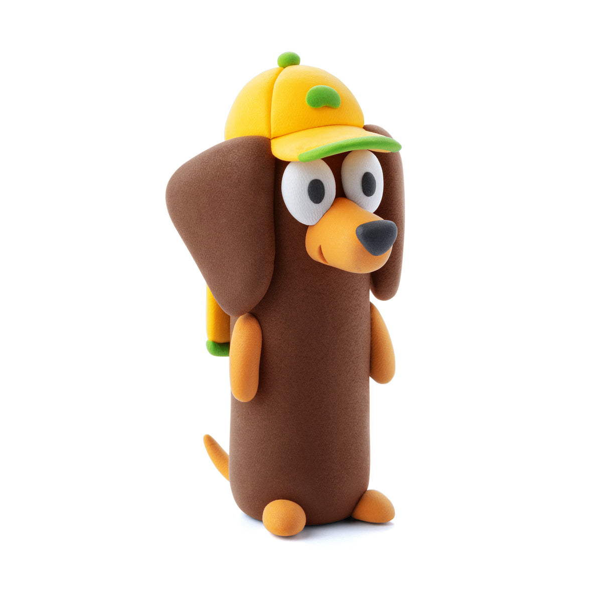 Hey Clay Bluey & Friends detailfoto geboetseerde Chilli met gele hoed, bruin boetseerklei karakter