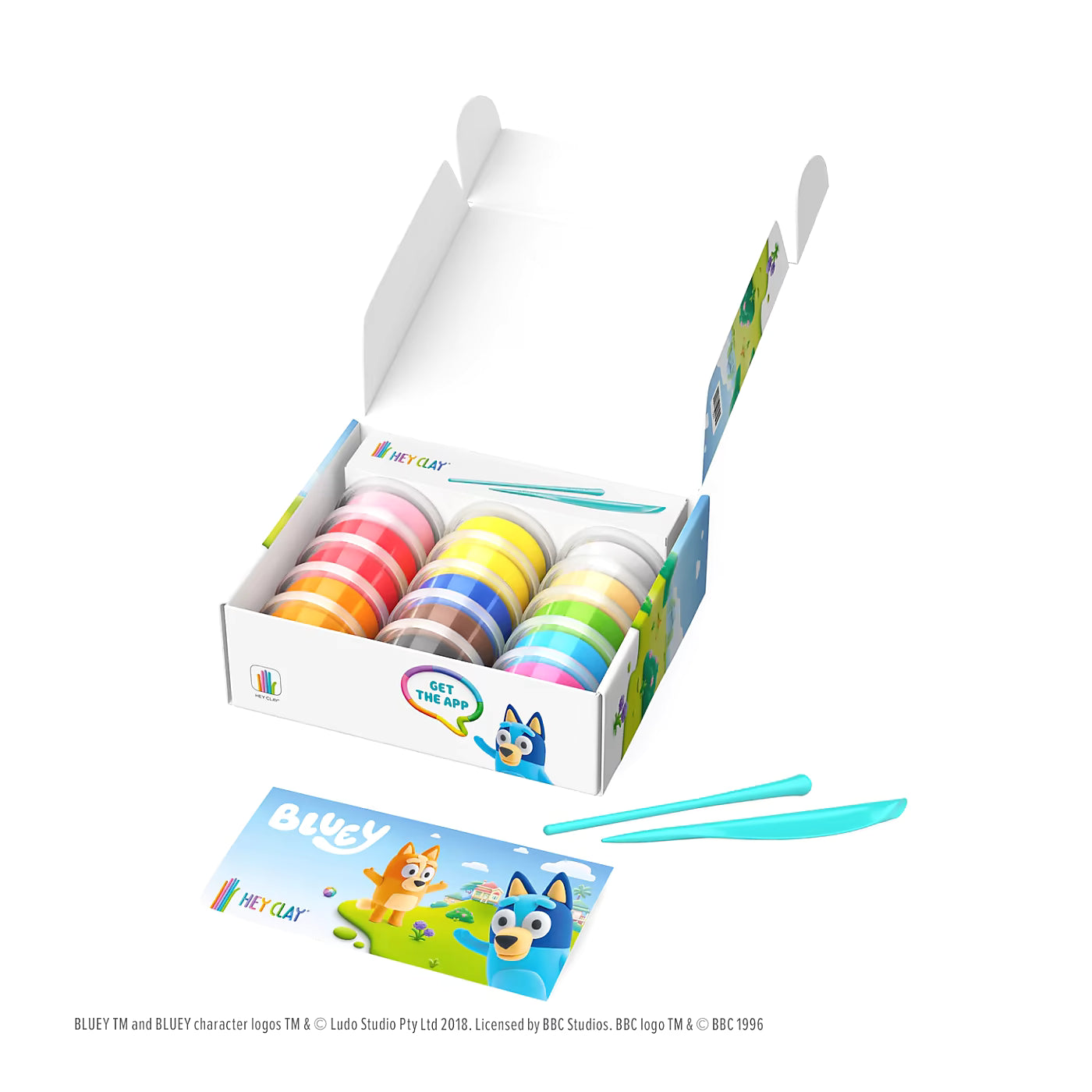Inhoud van Hey Clay Bluey & Friends doos met 15 potjes boetseerklei, sculpting tools en handleiding voor kinderen.