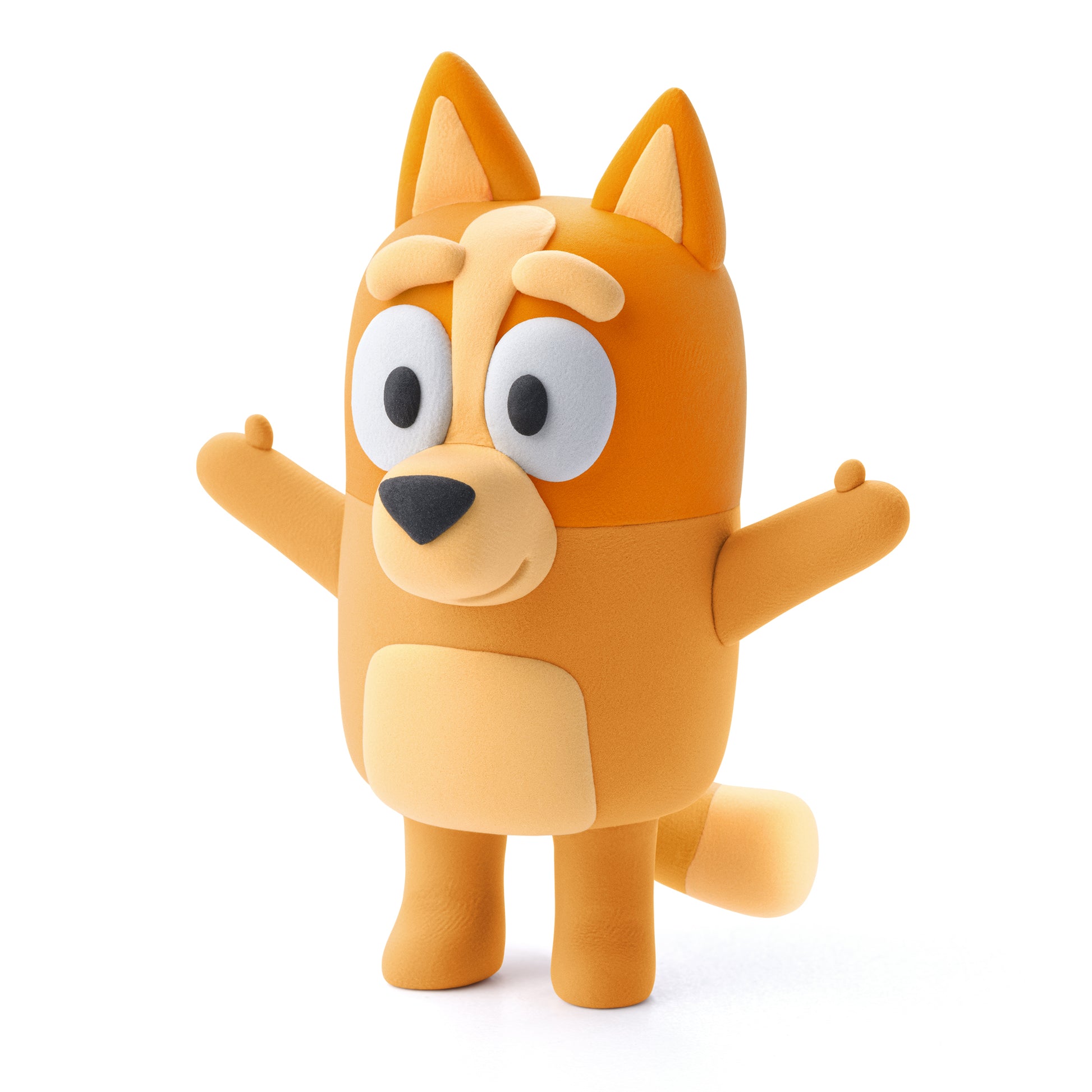 Hey Clay Bluey & Friends geboetseerd oranje karakter met armen omhoog, vrolijk kleien speelgoed