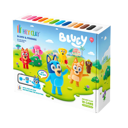 Hey Clay Bluey & Friends verpakking zijaanzicht met kleurenpalet bovenkant, 15 potjes boetseerklei
