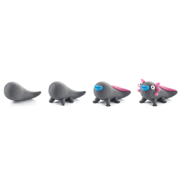 Grijze Hey Clay axolotl van boetseerklei uit de Exotic Pets-set, met roze details, ideaal speelgoed voor kinderen.