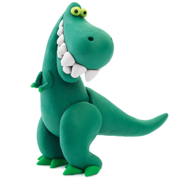 Groene T-rex dinosaurus van Hey Clay boetseerklei met grote tanden, leuk idee voor kinderen om te kleien.