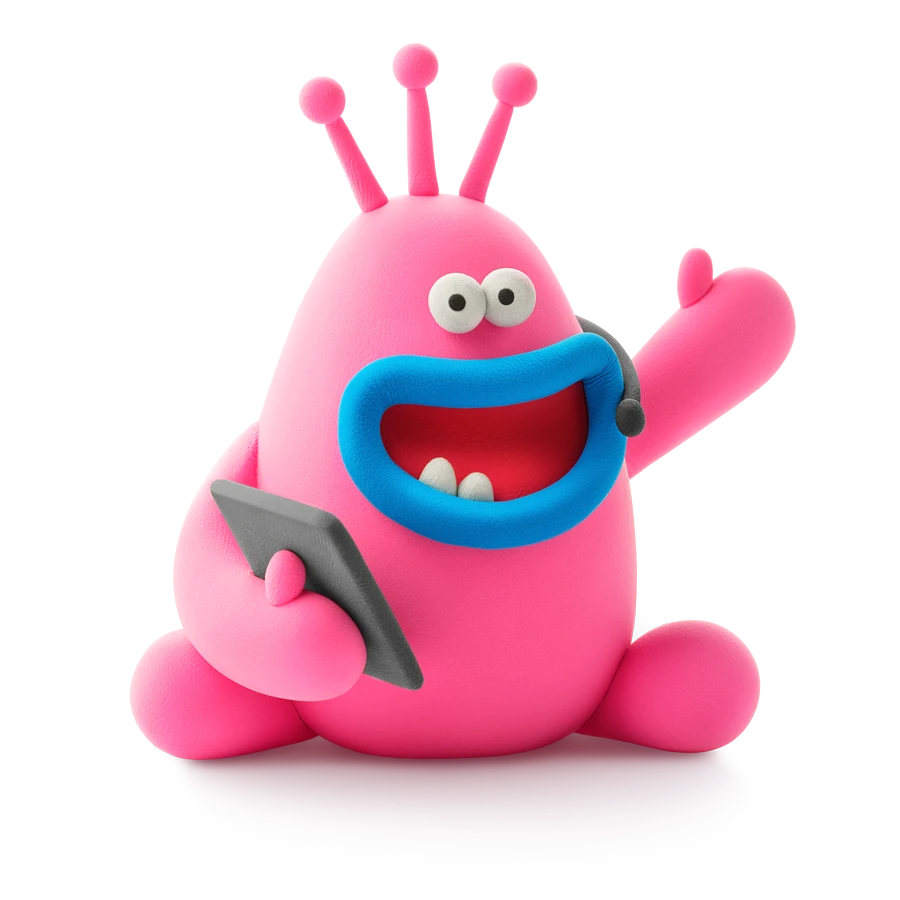 Hey Clay kleien met boetseerklei, blij figuur in roze die een tablet vasthoudt en zwaait, leuk als idee om te kleien.