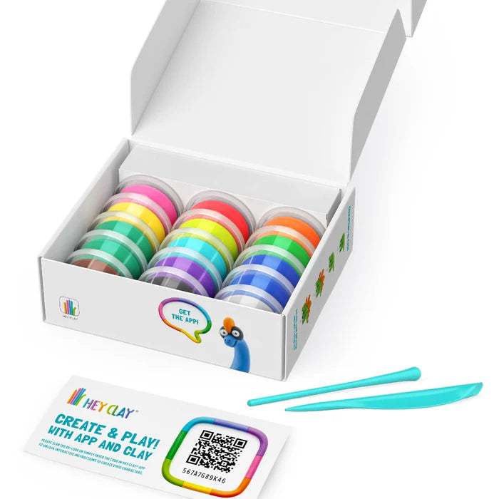 Hey Clay dino set open doos met kleurrijke kleipotjes voor leuke kinder klei ideeën met boetseerklei om te kleien, incl. app.