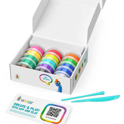 Hey Clay dino set open doos met kleurrijke kleipotjes voor leuke kinder klei ideeën met boetseerklei om te kleien, incl. app.