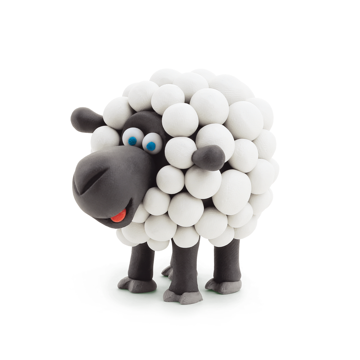 Hey Clay boetseerklei schaap van wit en grijs klei met vrolijke uitdrukking en blauwe ogen