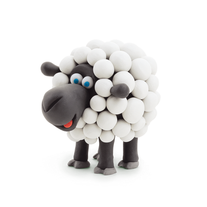 Hey Clay boetseerklei schaap van wit en grijs klei met vrolijke uitdrukking en blauwe ogen