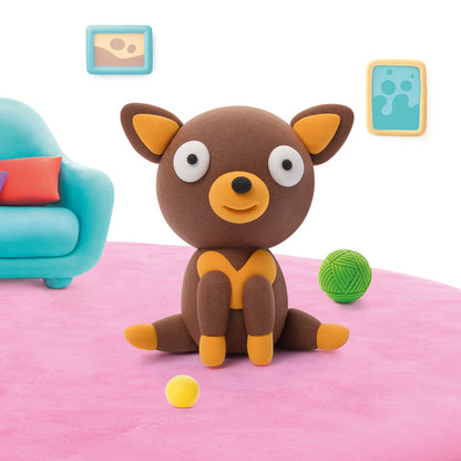 Hey Clay bruine hond zittend op roze tapijt met turquoise bank, fluffy pets huisdieren klei scene