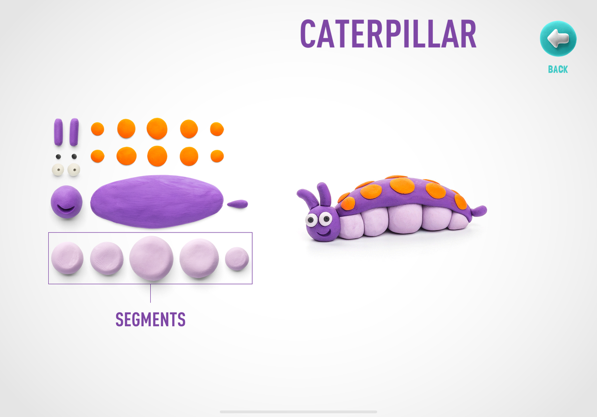 Hey Clay Bugs app screenshot met klei-onderdelen en instructies voor het maken van een caterpillar rups