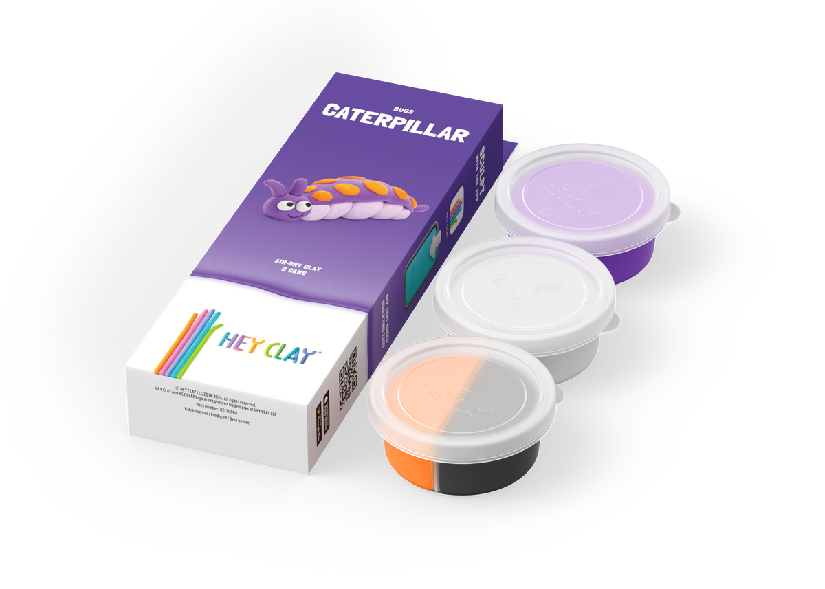 Hey Clay Bugs Caterpillar set met 3 potjes boetseerklei in paars, oranje en wit op witte achtergrond