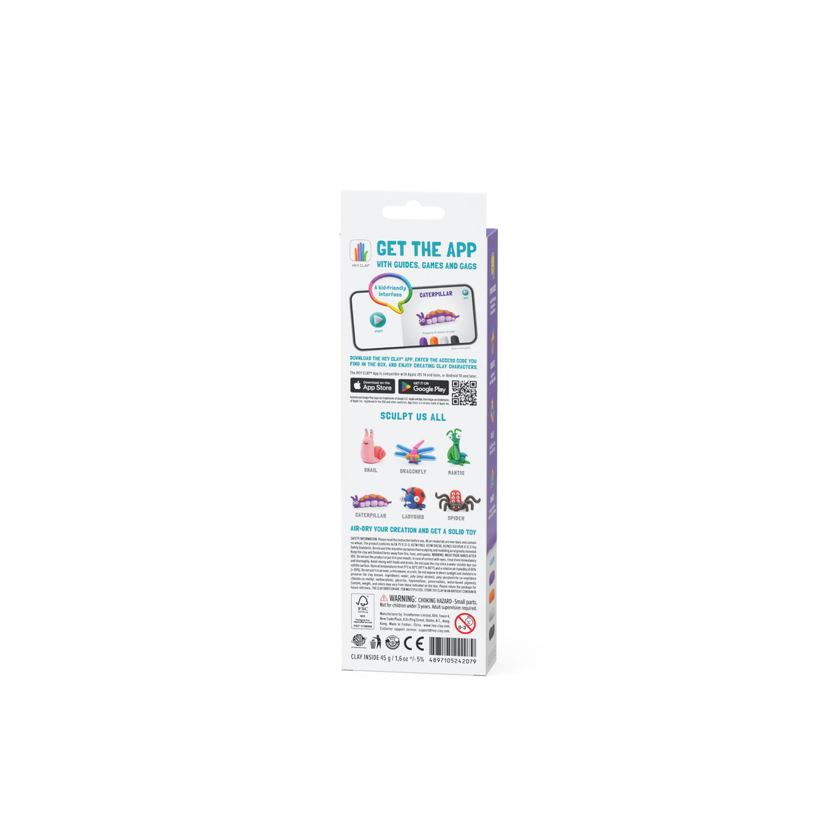 Hey Clay Caterpillar verpakking achterzijde met Bug series info, app details en speelgoed voorbeelden