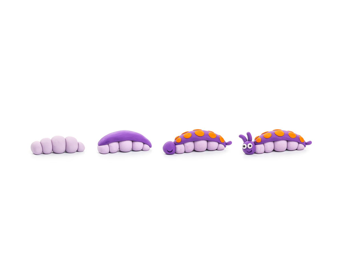 Hey Clay stapsgewijze opbouw rups van kleien: van segmenten tot complete caterpillar met oranje vlekken