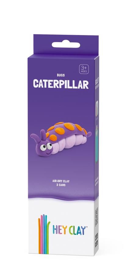 Hey Clay Bugs Caterpillar voorkant verpakking paars met 3 potjes boetseerklei air-dry clay voor kinderen