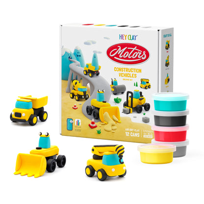 Hey Clay Construction Vehicles met 12 potjes boetseerklei en voorbeeldvoertuigen op witte achtergrond