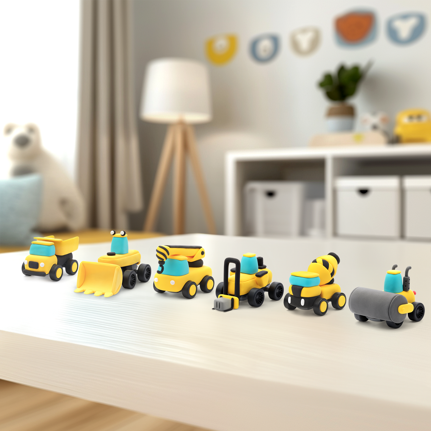 Hey Clay Construction Vehicles zes boetseerklei voertuigen op rij in kinderkamer speelgoed setting