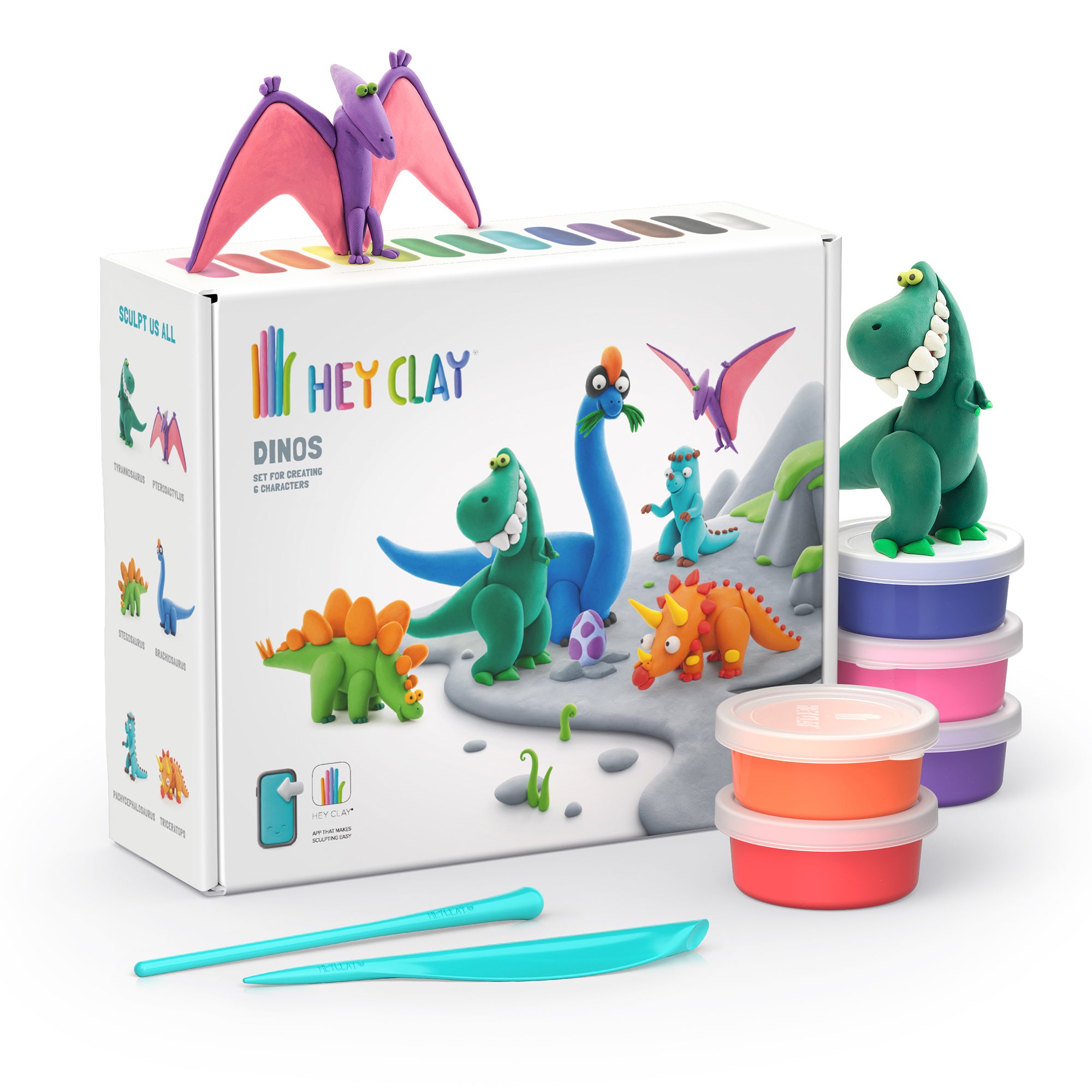 Hey Clay Dinos voorkant verpakking met 15 potjes boetseerklei, gereedschap en kleurrijke dinosaurus speelgoed