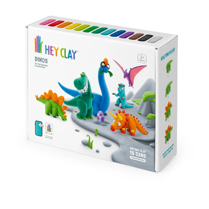 Hey Clay Dinos set, voorkant doos met gekleurde dino’s van boetseerklei, 15 kleipotjes en sculpting tools.