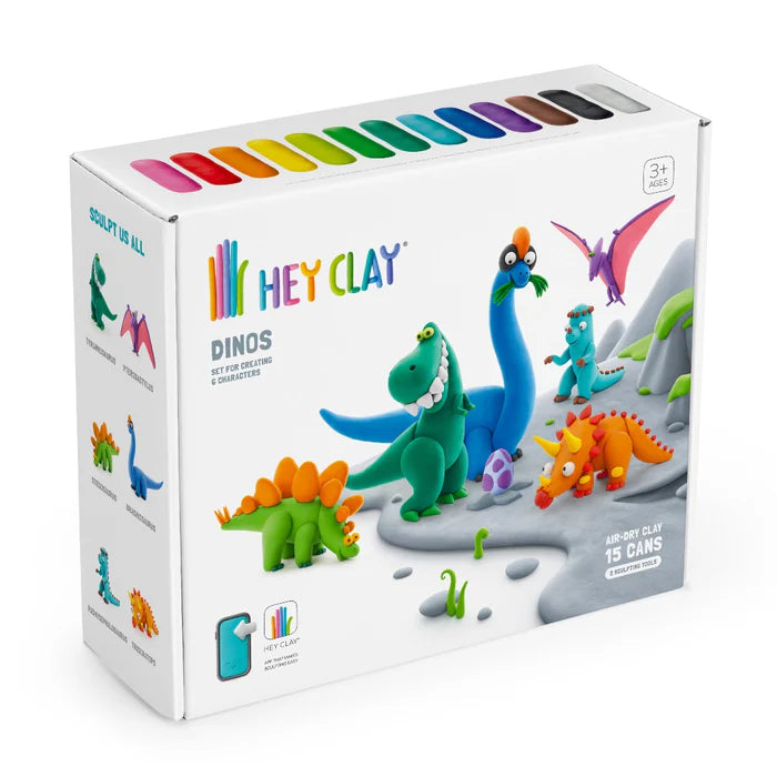 Hey Clay Dinos zijaanzicht verpakking met dinosaurus speelgoed voorbeelden en klei ideeën overzicht