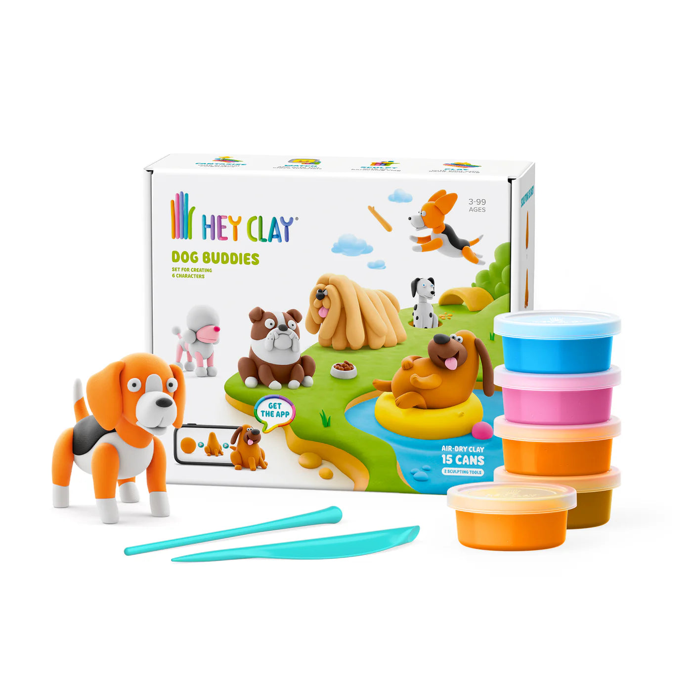 Hey Clay Dog Buddies set met 15 potjes boetseerklei, kleurrijke verpakking en klei honden speelgoed