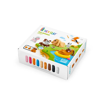 Liggende doos Hey Clay Dog Buddies speelgoedset met 15 potjes boetseerklei in verschillende kleuren.